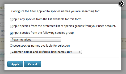 The species names filter dialog